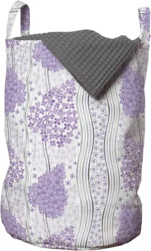 Ambesonne Floral Laundry Bag, Ornamental Geometrical Lilacs Little Flowers Curls Wavy Stripes Drawing, Hamper Basket with Handles Drawstring Closure for Laundromats, 13" x 19", Pastel Purple and Ivory