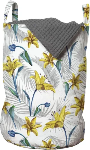 Ambesonne Floral Laundry Bag, Realistic Drawn Lily Blossom Flowers Abstract Colored Leaves Vintage Image, Hamper Basket with Handles Drawstring Closure for Laundromats, 13" x 19", Multicolor