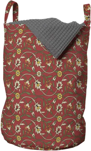 Ambesonne Floral Laundry Bag, Rhythmic Antique Connected Twigs Blossoms Flowers Illustration Print, Hamper Basket with Handles Drawstring Closure for Laundromats, 13" x 19", Pale Maroon and Multicolor