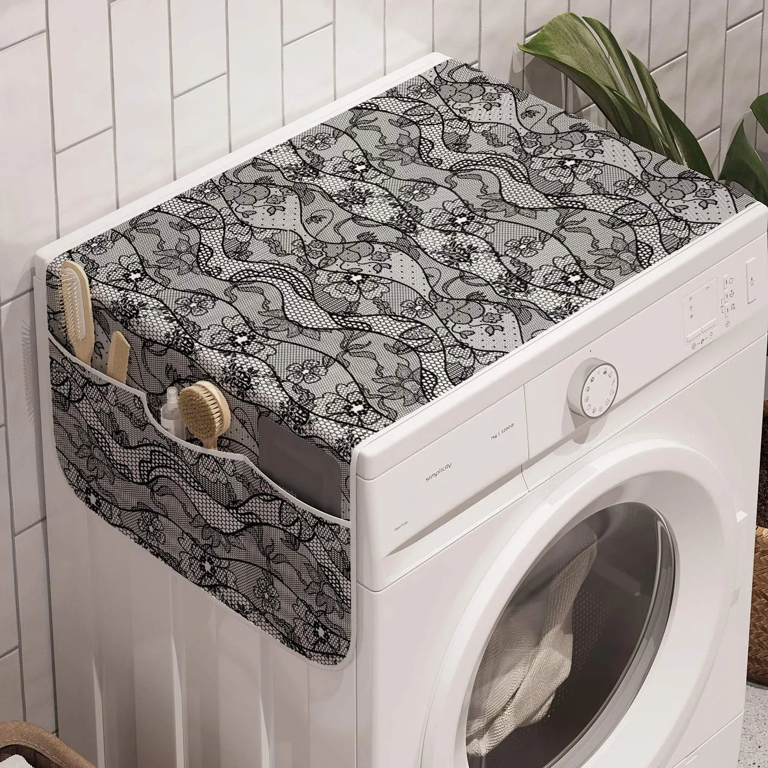 Ambesonne Floral Washing Machine Organizer, Lace Gothic Pattern with Flower Effect and Leaves Ornamental Antique Feminine Design, Anti-slip Fabric Top Cover for Washer Dryer, 47" x 18.5", Black Grey
