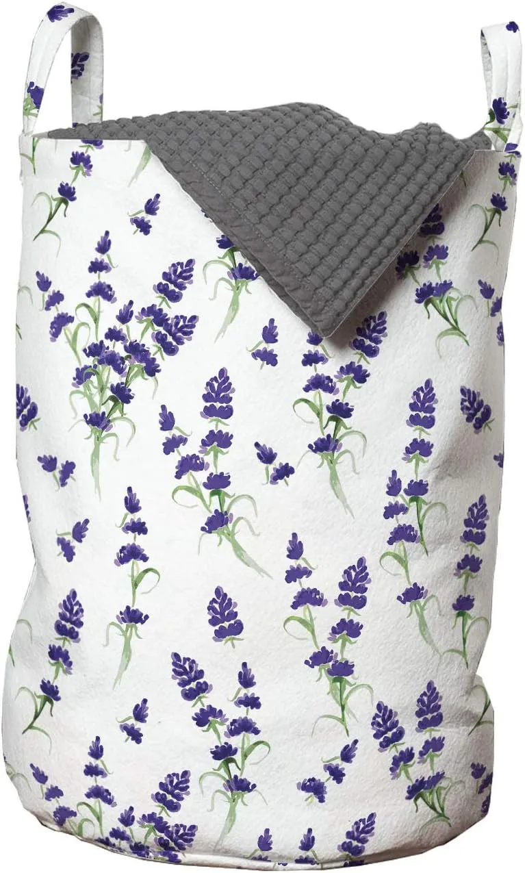 Ambesonne Flower Laundry Bag, Watercolor Lavender Flowering Fragrant Pale Plant Essential Oil Extract Temperate, Hamper Basket with Handles Drawstring Closure for Laundromats, 13" x 19", Violet Green