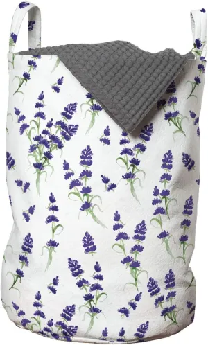 Ambesonne Flower Laundry Bag, Watercolor Lavender Flowering Fragrant Pale Plant Essential Oil Extract Temperate, Hamper Basket with Handles Drawstring Closure for Laundromats, 13" x 19", Violet Green