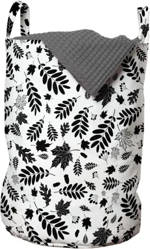 Ambesonne Leaves Laundry Bag, Autumn Season in The Woods Themed Monochrome Pattern Deciduous Trees Maple Oak, Hamper Basket with Handles Drawstring Closure for Laundromats, 13" x 19", Black White
