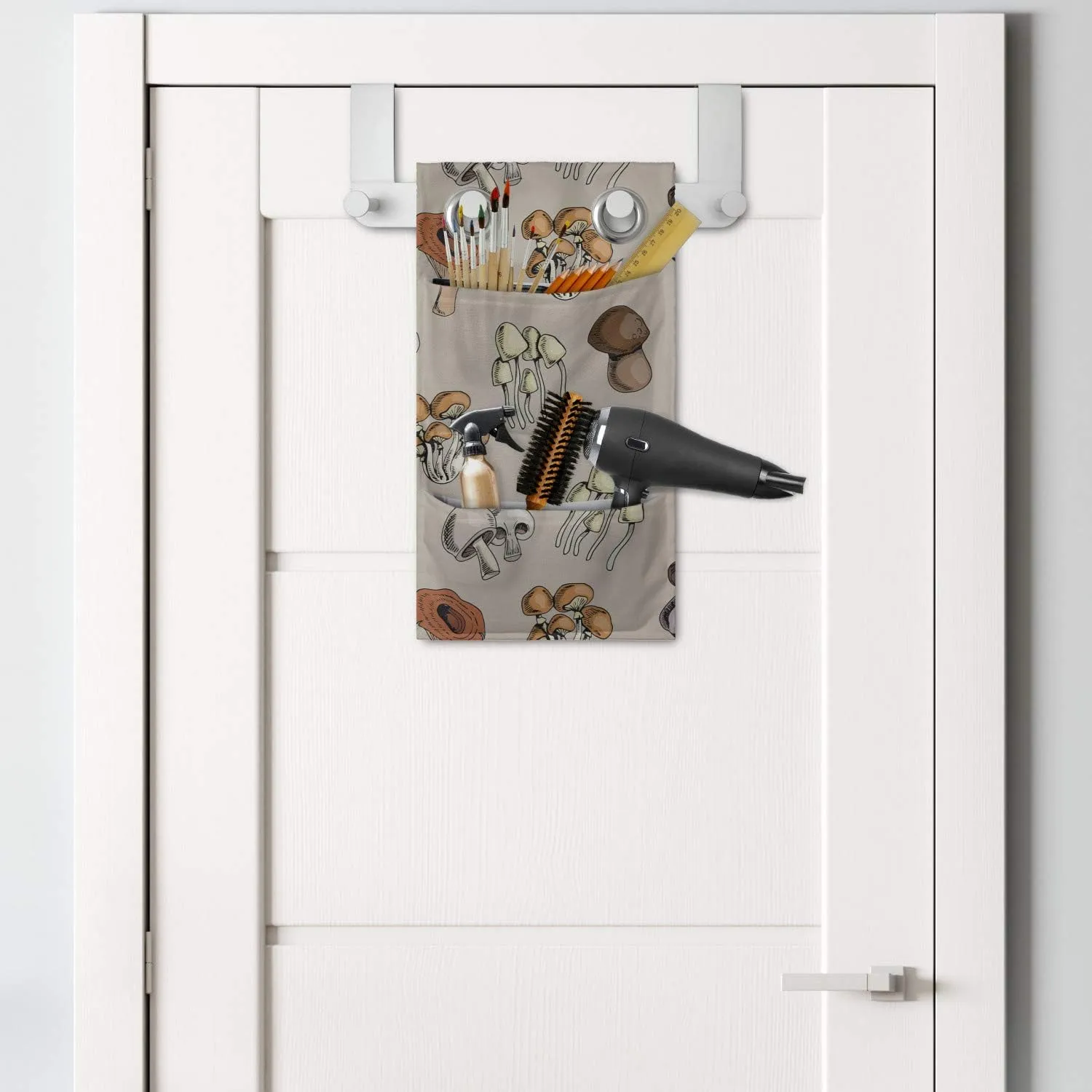 Ambesonne Mushroom Hanging Pocket Organizer, Botanical Theme Different Kind Forest Fungi Pattern Vegetable Food, Printed Polyester Storage Bag with Pockets, 9" x 16", Pale Tan and Multicolor