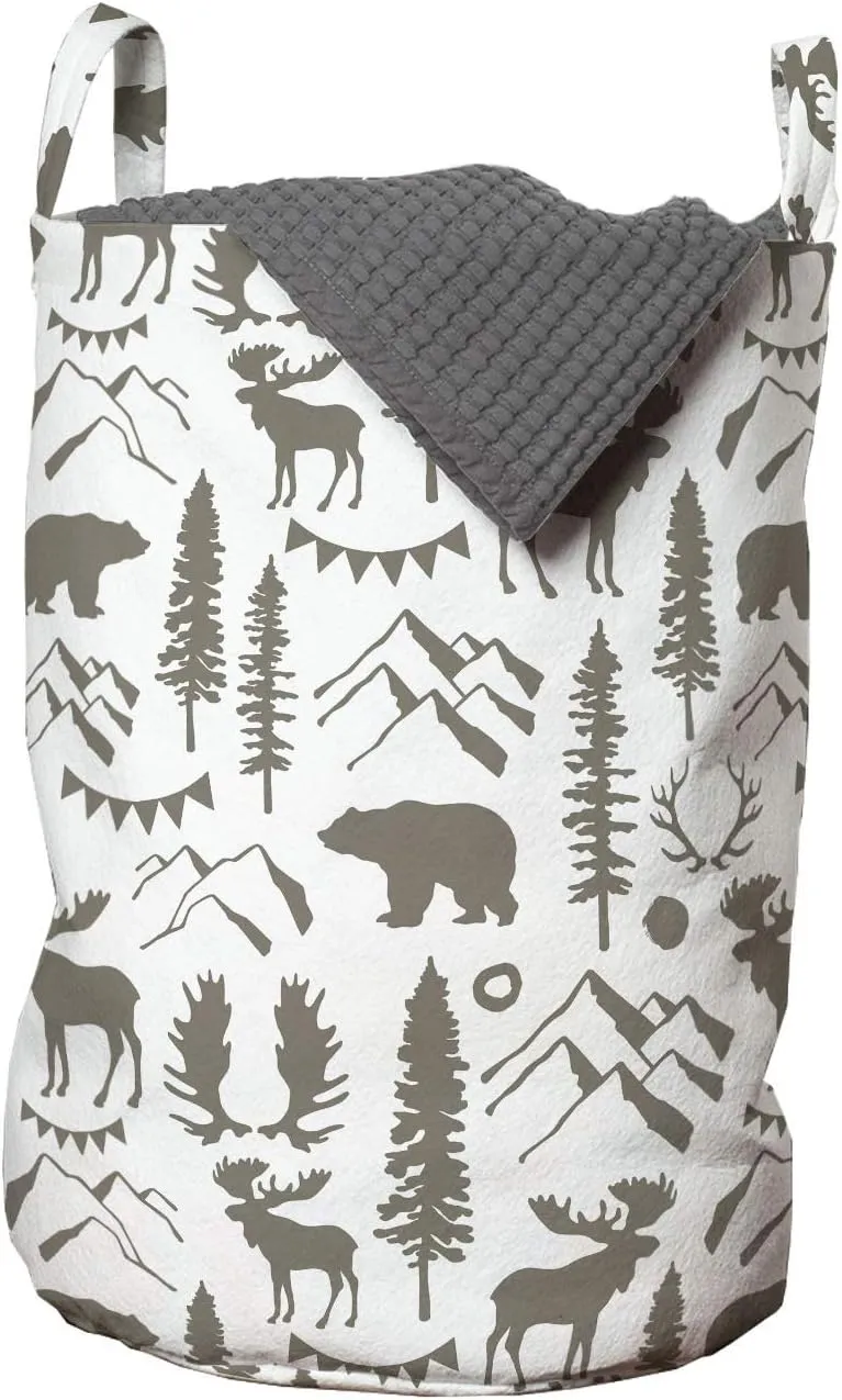 Ambesonne Northwoods Laundry Bag, Forest Elements with Bear Moose Trees and Mountains Wildlife Nature Theme, Hamper Basket with Handles Drawstring Closure for Laundromats, 13" x 19", Taupe White