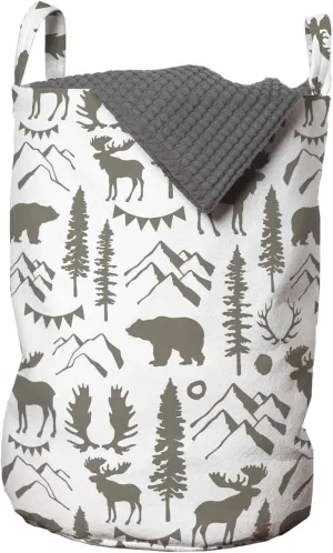 Ambesonne Northwoods Laundry Bag, Forest Elements with Bear Moose Trees and Mountains Wildlife Nature Theme, Hamper Basket with Handles Drawstring Closure for Laundromats, 13" x 19", Taupe White
