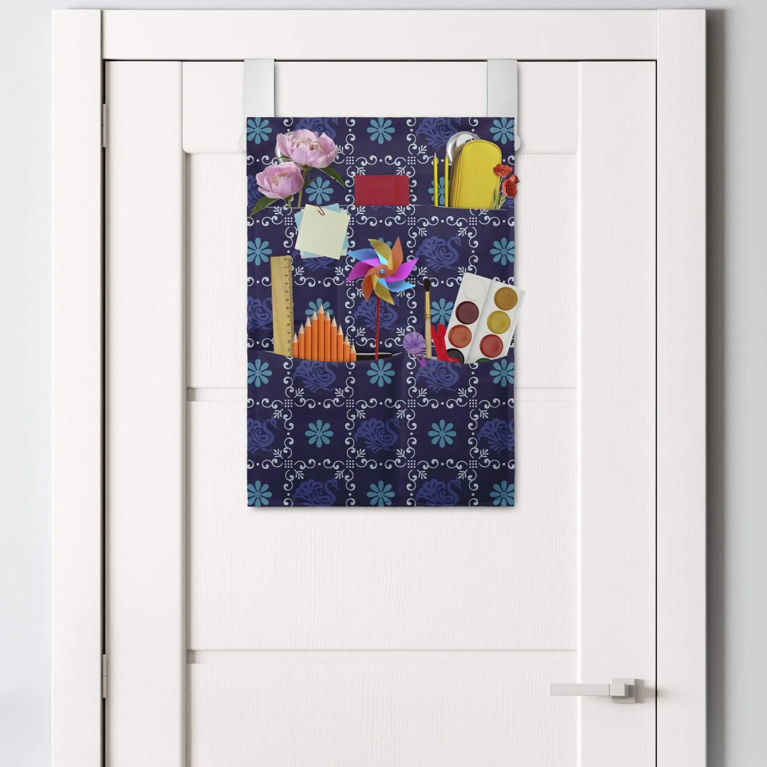 Ambesonne Peacock Hanging Pocket Organizer, Demonstration of Oriental Animal Pattern Ornate Feathers, Printed Polyester Storage Bag with Pockets, 14" x 20", Indigo Sea Blue