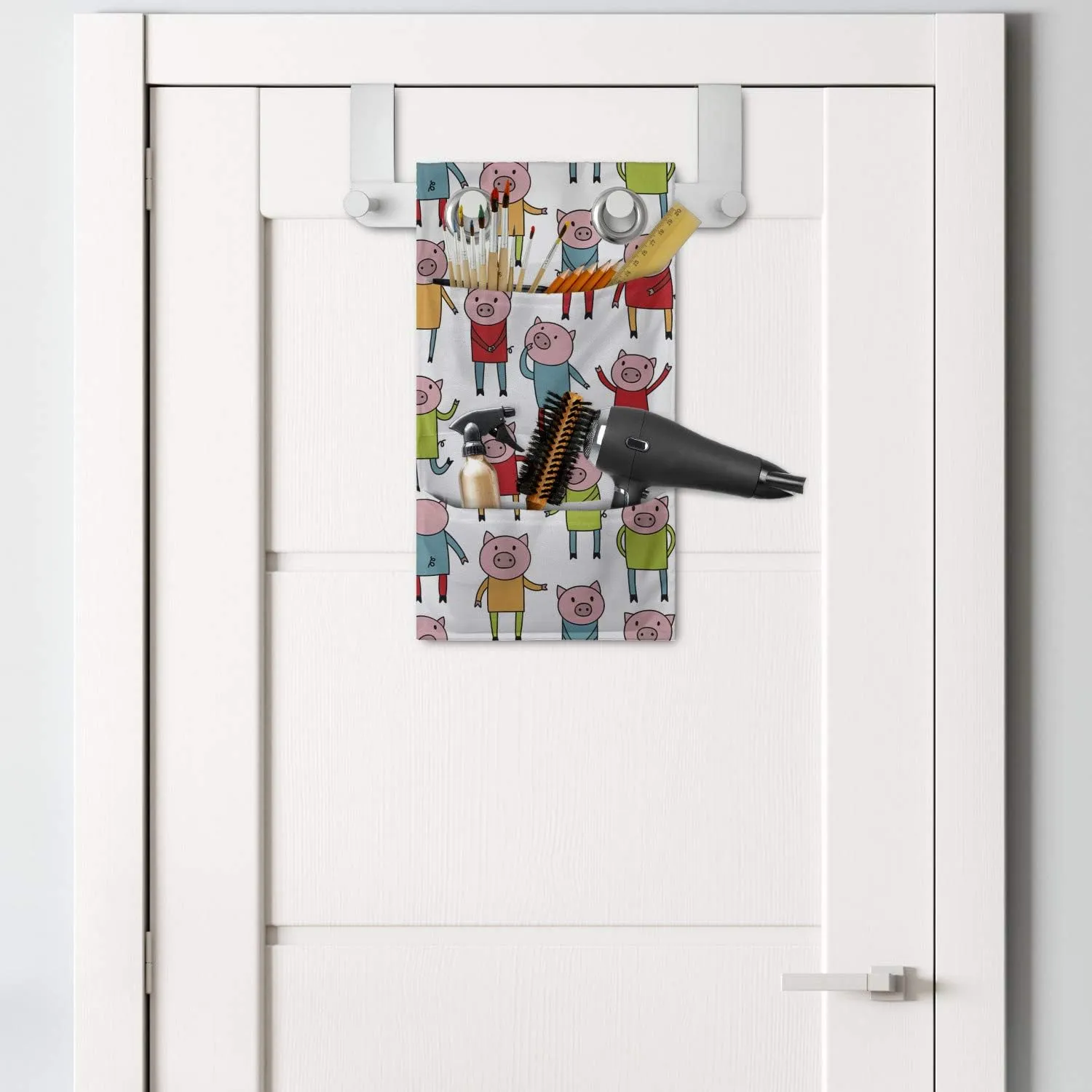 Ambesonne Pig Hanging Pocket Organizer, Whimsical Cartoon Style Interpretation of Piglet in Colorful Clothes, Printed Polyester Storage Bag with Pockets, 9" x 16", Pale Pink and Multicolor