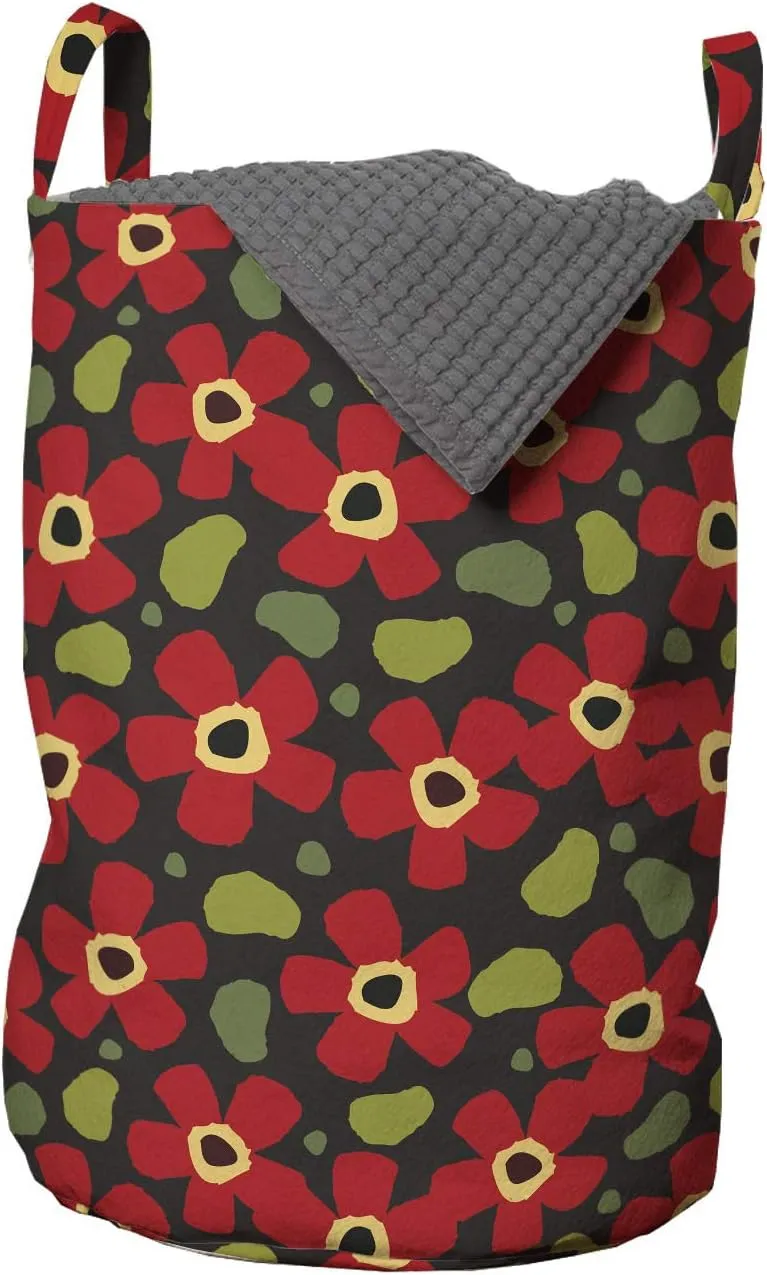 Ambesonne Scandinavian Laundry Bag, Ornamental Blossoming Flowers with Paint Marks Coming of The Spring Design, Hamper Basket with Handles Drawstring Closure for Laundromats, 13" x 19", Multicolor