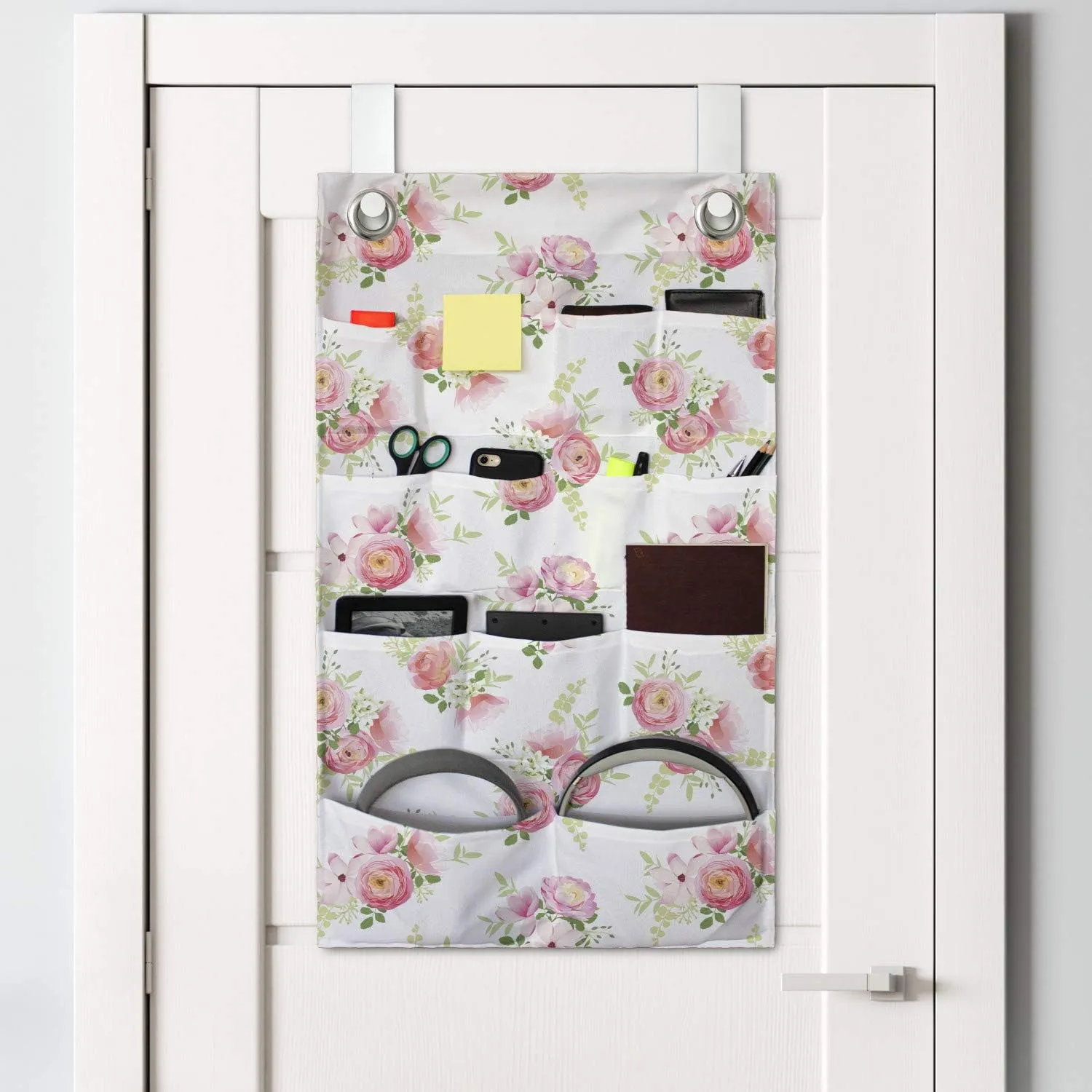 Ambesonne Shabby Flora Hanging Pocket Organizer, Nostalgic Themed Bunch of Magnolia Buds Rococo Poetic Fresh Nature, Printed Polyester Storage Bag with Pockets, 21" x 31", Green Pink Off White