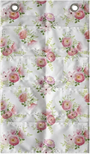 Ambesonne Shabby Flora Hanging Pocket Organizer, Nostalgic Themed Bunch of Magnolia Buds Rococo Poetic Fresh Nature, Printed Polyester Storage Bag with Pockets, 21" x 31", Green Pink Off White