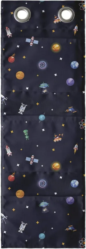 Ambesonne Spaceship Hanging Pocket Organizer, Science Fiction Themed Comet Alien Atom on Starry Background Fantasy Art Print, Printed Polyester Storage Bag with Pockets, 9" x 27", Multicolor