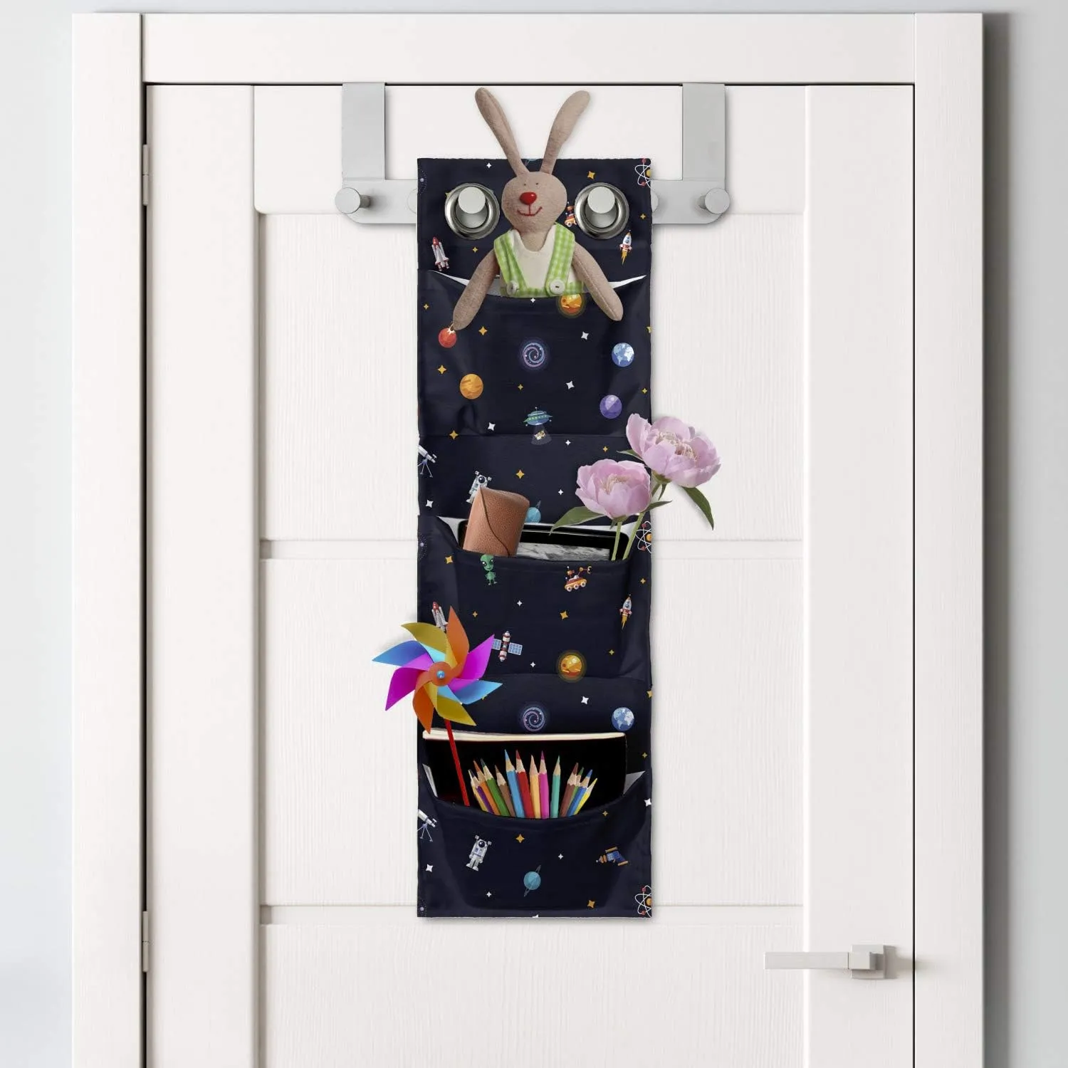 Ambesonne Spaceship Hanging Pocket Organizer, Science Fiction Themed Comet Alien Atom on Starry Background Fantasy Art Print, Printed Polyester Storage Bag with Pockets, 9" x 27", Multicolor