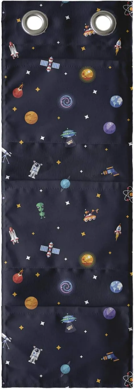Ambesonne Spaceship Hanging Pocket Organizer, Science Fiction Themed Comet Alien Atom on Starry Background Fantasy Art Print, Printed Polyester Storage Bag with Pockets, 9" x 27", Multicolor