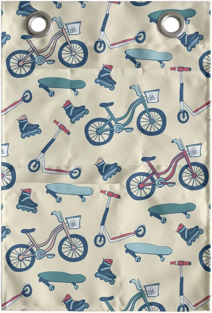Ambesonne Sport Hanging Pocket Organizer, Bicycles Skates Boards Wheeled Physical Activity Equipment Lifestyle Pattern, Printed Polyester Storage Bag with Pockets, 14" x 20", Blue Coral Beige