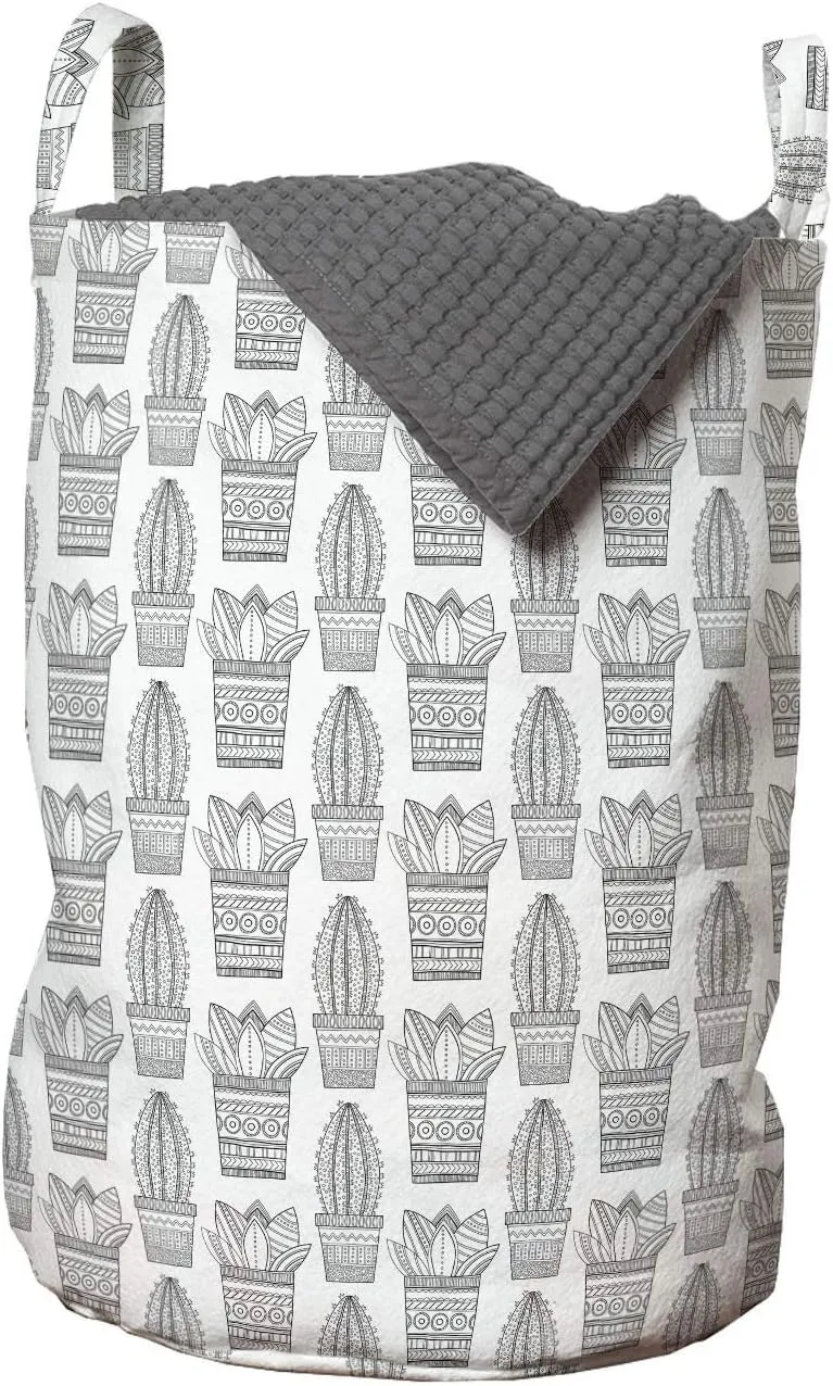 Ambesonne Succulent Laundry Bag, Horticulture Cacti Plants in Patterned Pots Ornamental Flora Pattern, Hamper Basket with Handles Drawstring Closure for Laundromats, 13" x 19", Dark Grey and White