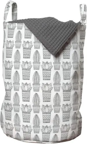 Ambesonne Succulent Laundry Bag, Horticulture Cacti Plants in Patterned Pots Ornamental Flora Pattern, Hamper Basket with Handles Drawstring Closure for Laundromats, 13" x 19", Dark Grey and White