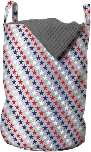 Ambesonne USA Laundry Bag, July Fourth Stars Citizen National Day Patriotic Western Salute to The Union, Hamper Basket with Handles Drawstring Closure for Laundromats, 13" x 19", Grey Indigo Red