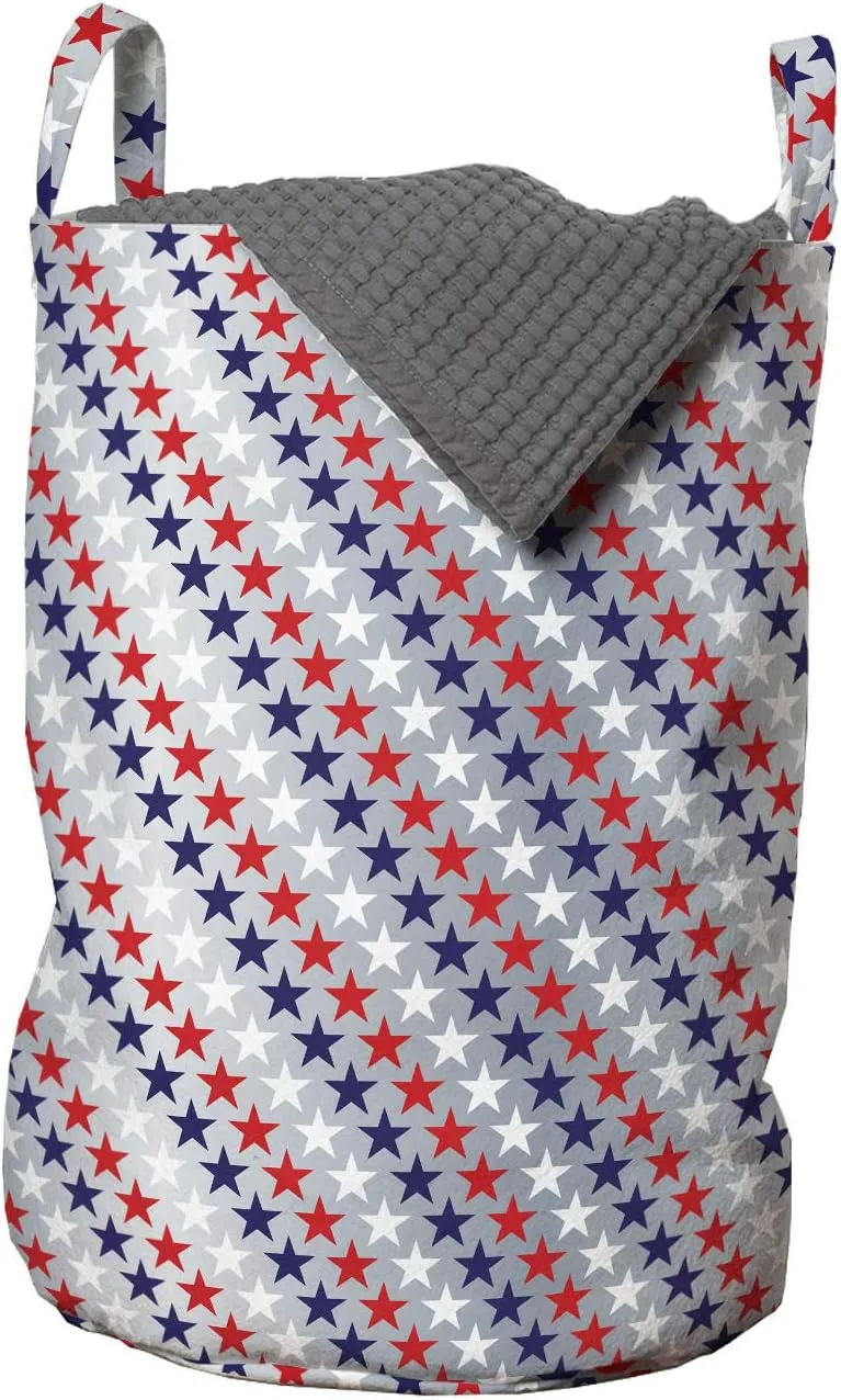 Ambesonne USA Laundry Bag, July Fourth Stars Citizen National Day Patriotic Western Salute to The Union, Hamper Basket with Handles Drawstring Closure for Laundromats, 13" x 19", Grey Indigo Red