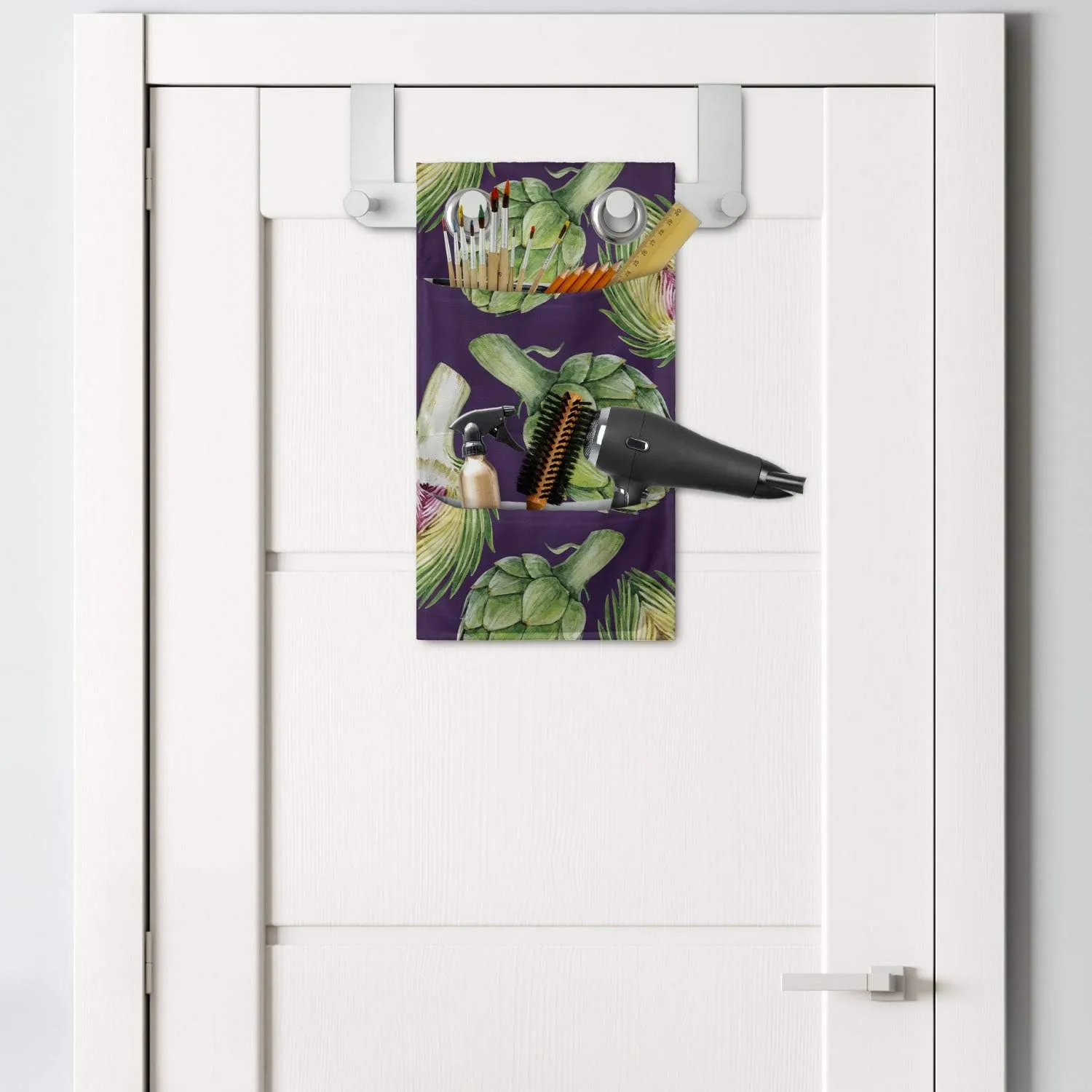Ambesonne Vegetable Art Hanging Pocket Organizer, Vibrant Artichoke Motif Exotic Kitchen Tropical Recipe Diet Menu Kitchen, Printed Polyester Storage Bag with Pockets, 9" x 16", Fern Green Plum