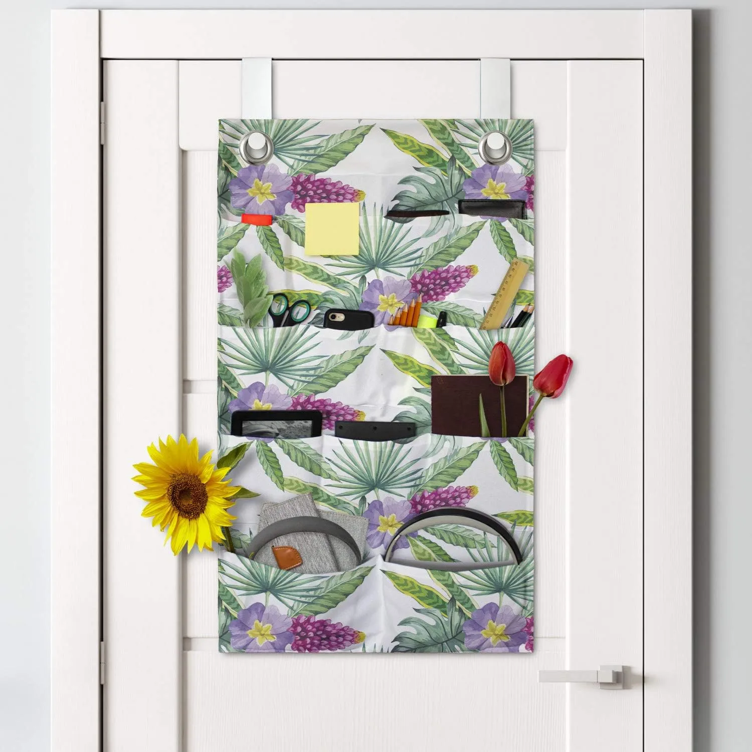 Ambesonne Watercolor Hanging Pocket Organizer, Refreshing Print of Tropical Flowers and Leaves, Printed Polyester Storage Bag with Pockets, 21" x 31", Multicolor