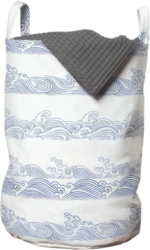 Ambesonne Wave Laundry Bag, Rhythmic Nautical Theme Simplistic Abstract Sea Wind Motifs on Plain Background, Hamper Basket with Handles Drawstring Closure for Laundromats, 13" x 19", Azure Blue White