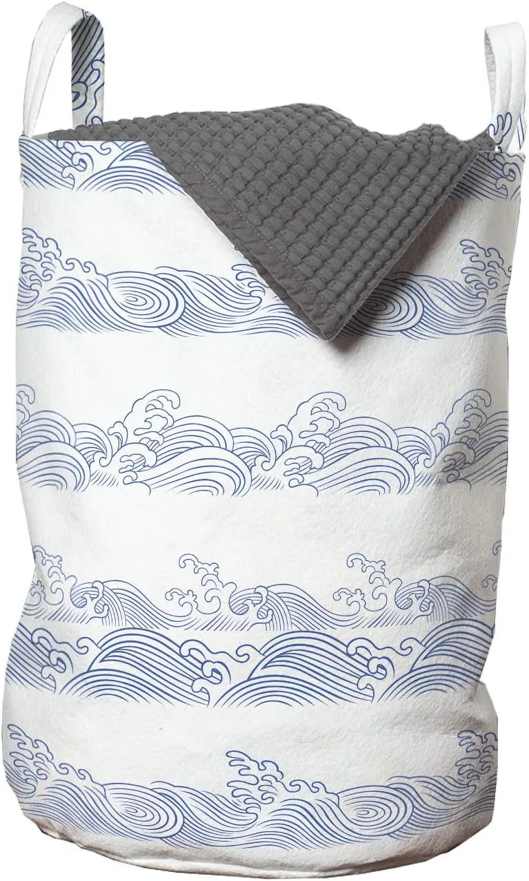 Ambesonne Wave Laundry Bag, Rhythmic Nautical Theme Simplistic Abstract Sea Wind Motifs on Plain Background, Hamper Basket with Handles Drawstring Closure for Laundromats, 13" x 19", Azure Blue White
