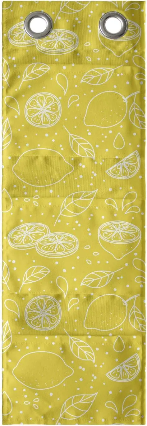 Ambesonne Yellow and White Hanging Pocket Organizer, Lemons Leaves and Water Droplets Design Monochrome Fruit Illustration, Printed Polyester Storage Bag with Pockets, 9" x 27", Yellow White