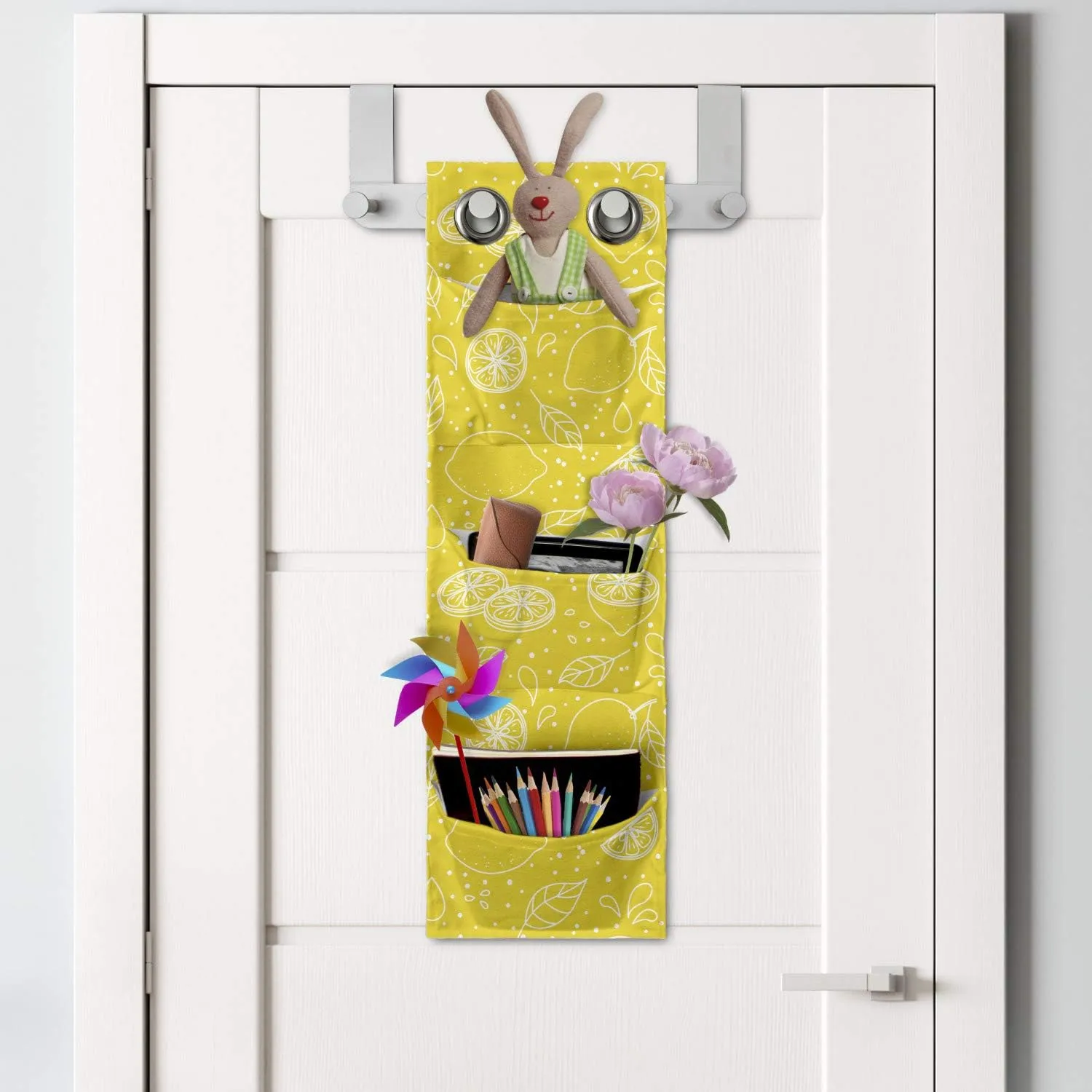 Ambesonne Yellow and White Hanging Pocket Organizer, Lemons Leaves and Water Droplets Design Monochrome Fruit Illustration, Printed Polyester Storage Bag with Pockets, 9" x 27", Yellow White