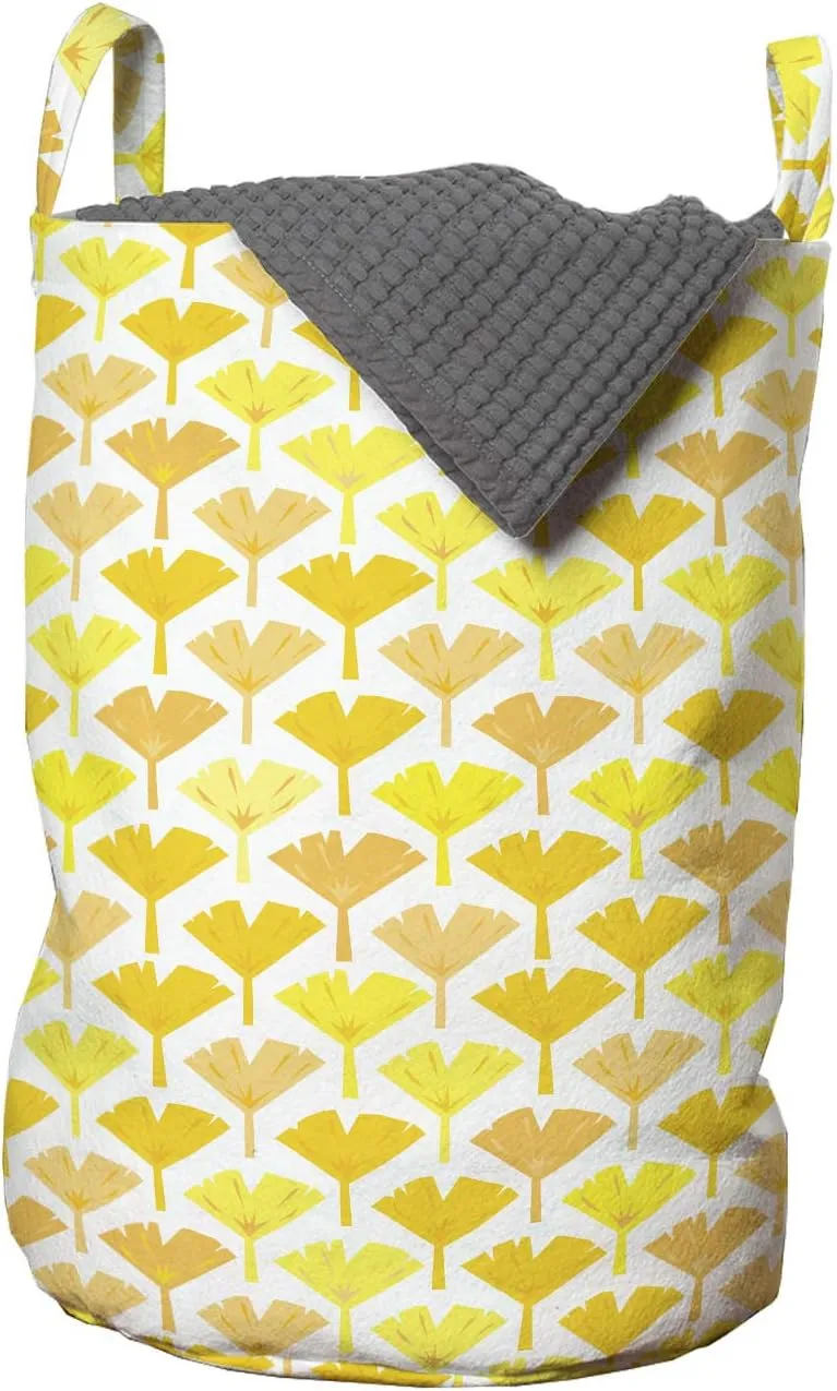 Ambesonne Yellow and White Laundry Bag, Monochrome Interpretation of Ginkgo Nut Leaves, Hamper Basket with Handles Drawstring Closure for Laundromats, 13" x 19", Dark Yellow Pastel Yellow