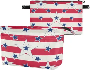 American Patriotic Blue Stars Red Stripes Independence Memorial Women's Portable Makeup Bag with Handle, Cosmetic Bag, Adjustable Travel Cosmetic Bag, Toiletry Storage Organizer for women L