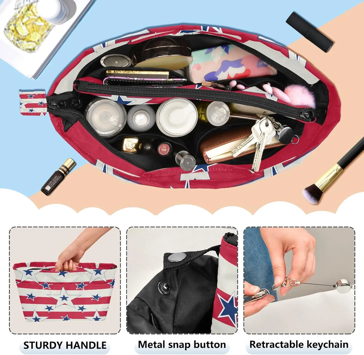 American Patriotic Blue Stars Red Stripes Independence Memorial Women's Portable Makeup Bag with Handle, Cosmetic Bag, Adjustable Travel Cosmetic Bag, Toiletry Storage Organizer for women L