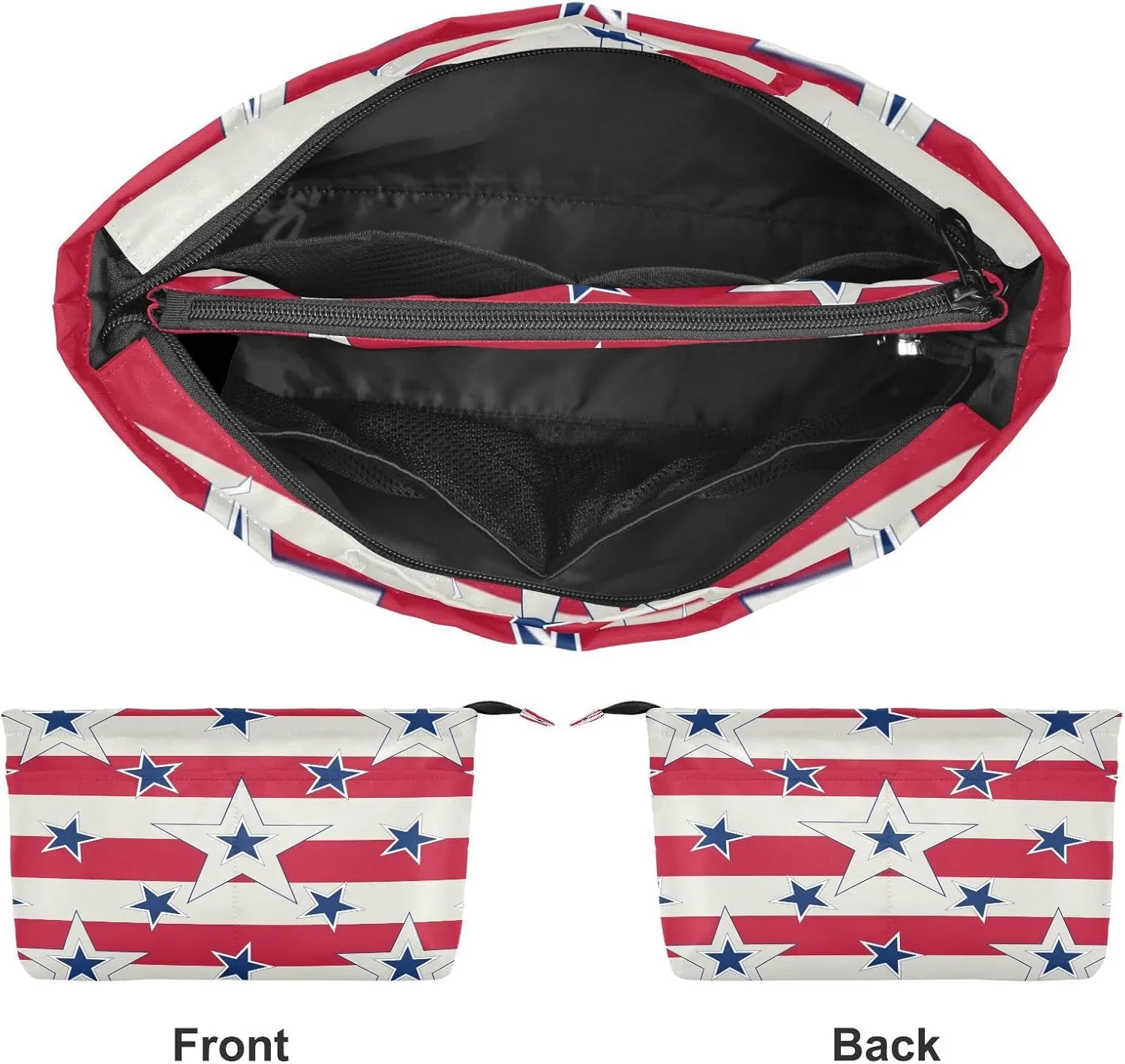 American Patriotic Blue Stars Red Stripes Independence Memorial Women's Portable Makeup Bag with Handle, Cosmetic Bag, Adjustable Travel Cosmetic Bag, Toiletry Storage Organizer for women L