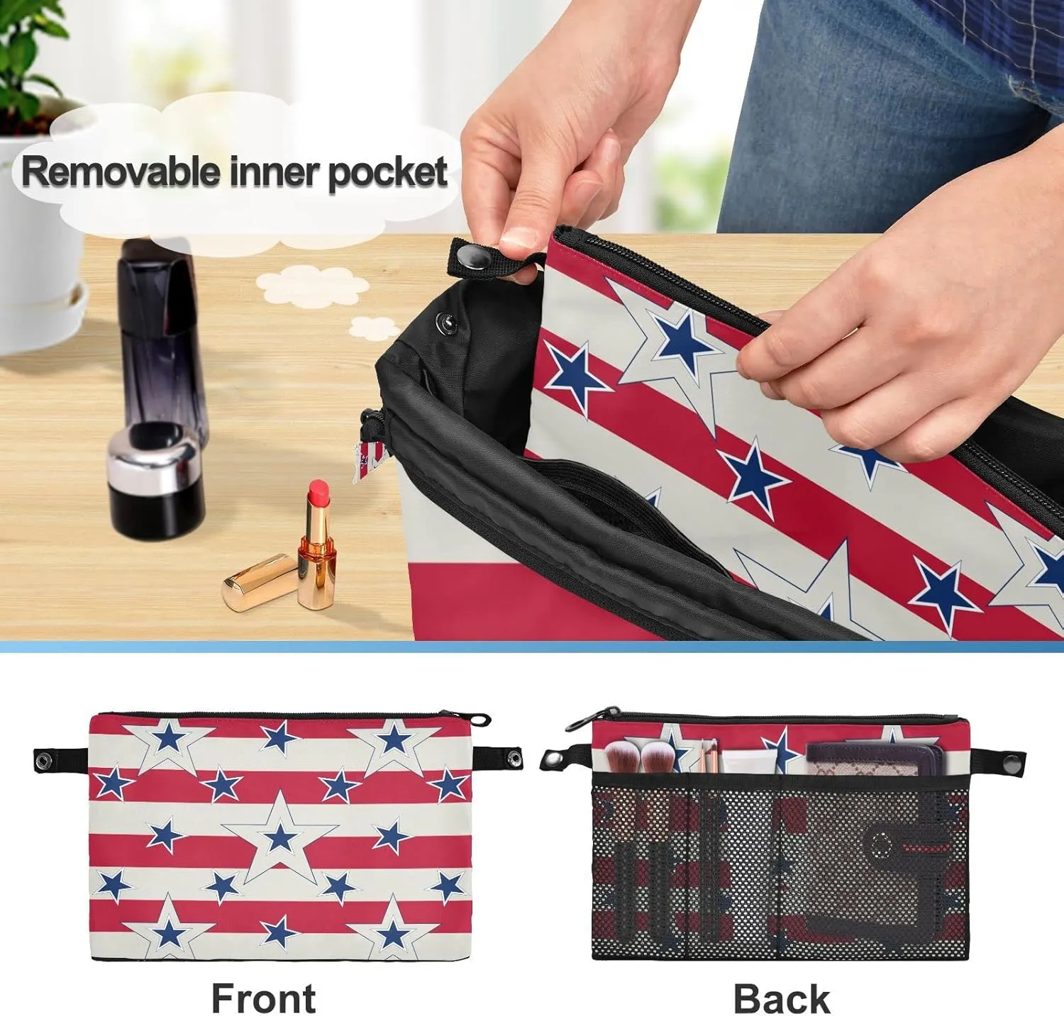 American Patriotic Blue Stars Red Stripes Independence Memorial Women's Portable Makeup Bag with Handle, Cosmetic Bag, Adjustable Travel Cosmetic Bag, Toiletry Storage Organizer for women L