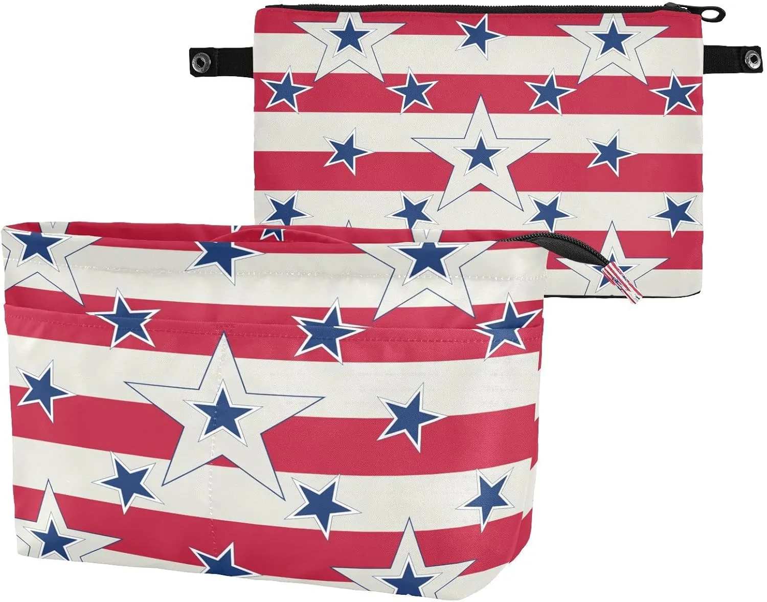American Patriotic Blue Stars Red Stripes Independence Memorial Women's Portable Makeup Bag with Handle, Cosmetic Bag, Adjustable Travel Cosmetic Bag, Toiletry Storage Organizer for women L