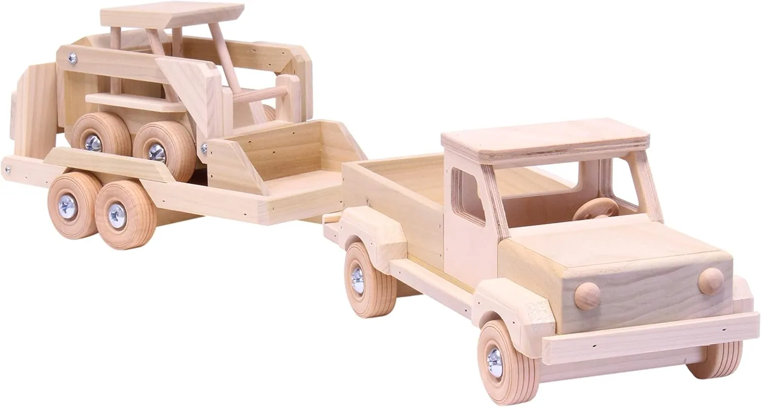 AmishToyBox.com Wooden Toy Pickup Truck and Flatbed Trailer with Skidloader Set