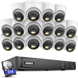 ANNKE PoE Security Camera System, 16CH 12MP 5-in-1 NVR Recorder, 16X 12MP Mega HD Smart Color Night Vision Built-in Mic Turret IP Wired Cams, 2.8mm Lens, AI Motion Detection, Work with Alexa, 6TB HDD