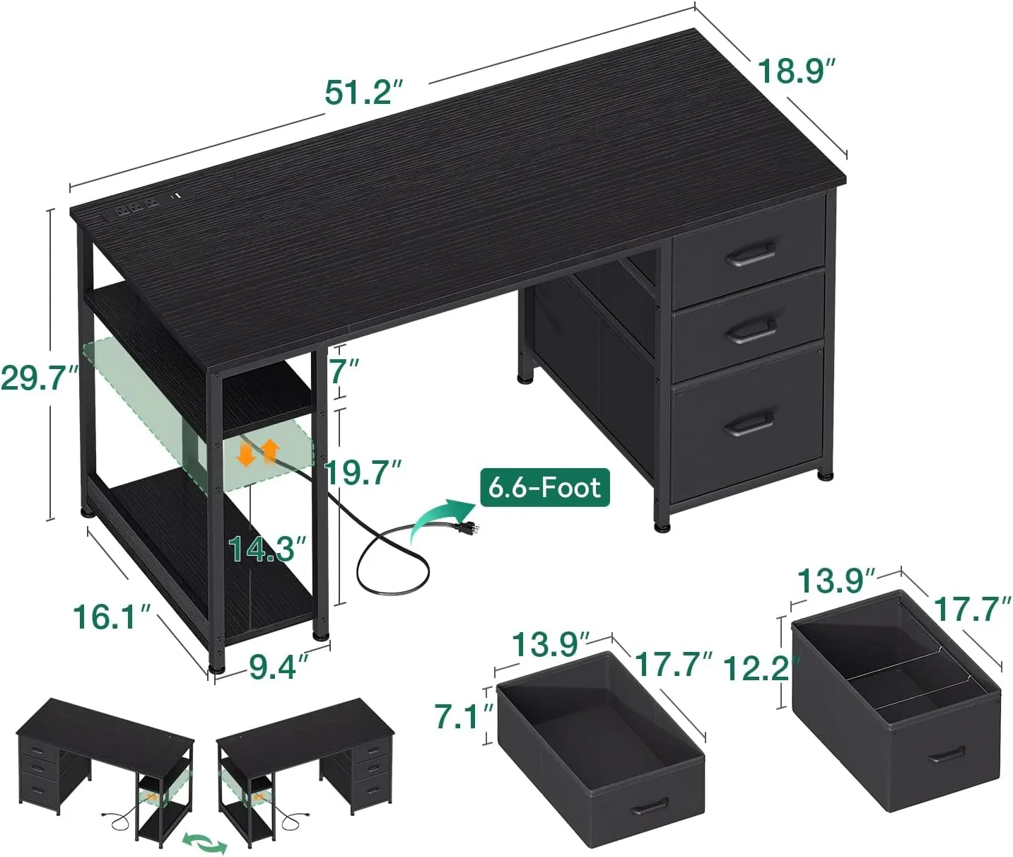 AODK 51 Inch Computer Desk with Fabric Drawers & USB Power Outlets, Reversible Home Office Desk with Storage Shelves, Work from Home, Modern Work/Writing/Study Table for Bedroom, Black