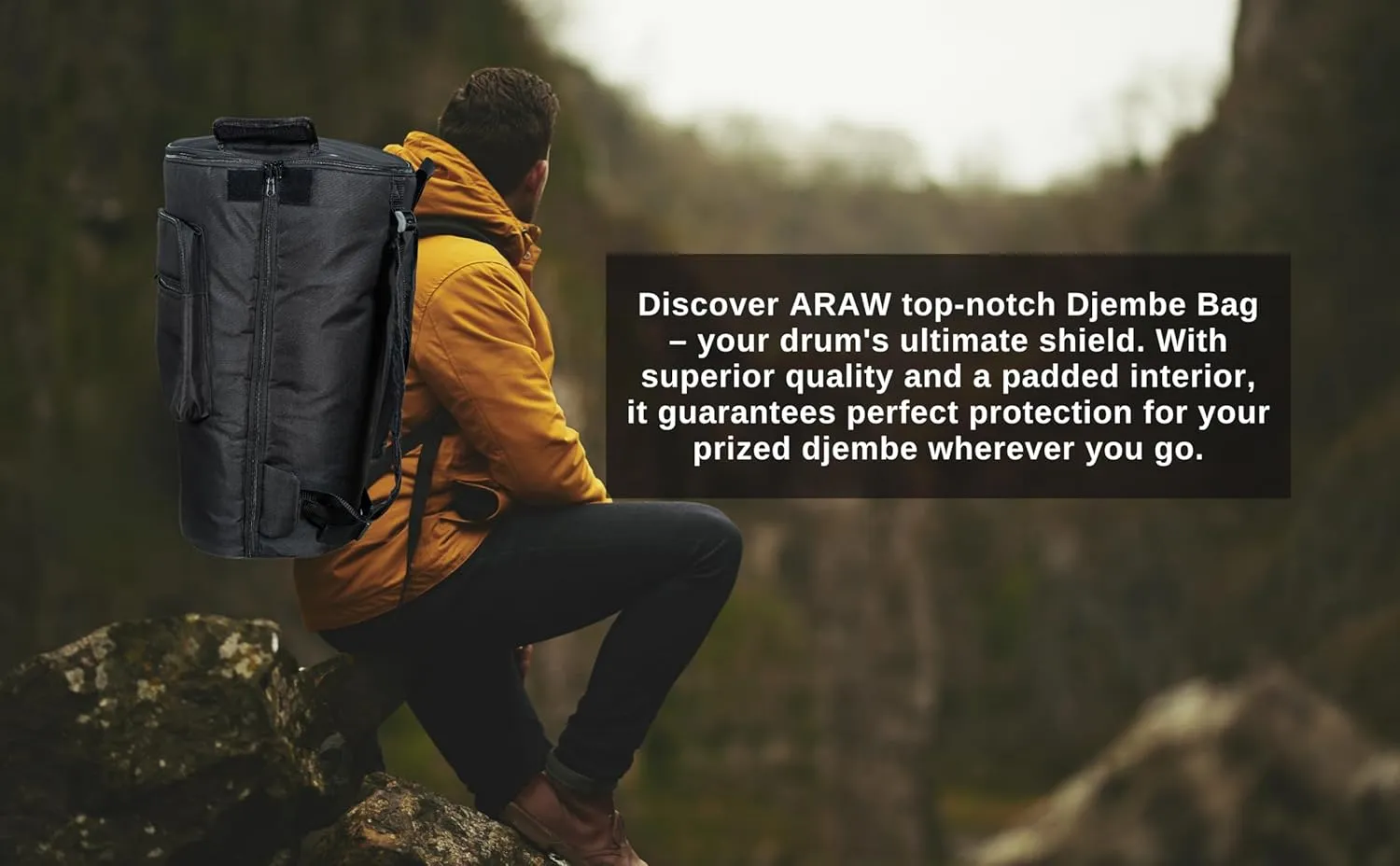 ARAW Djembe Backpack, Double Layer Drum Bag with Shoulder Strap, Accessories Pocket, Carrying Case (Black, X-Large (26H x 16W))
