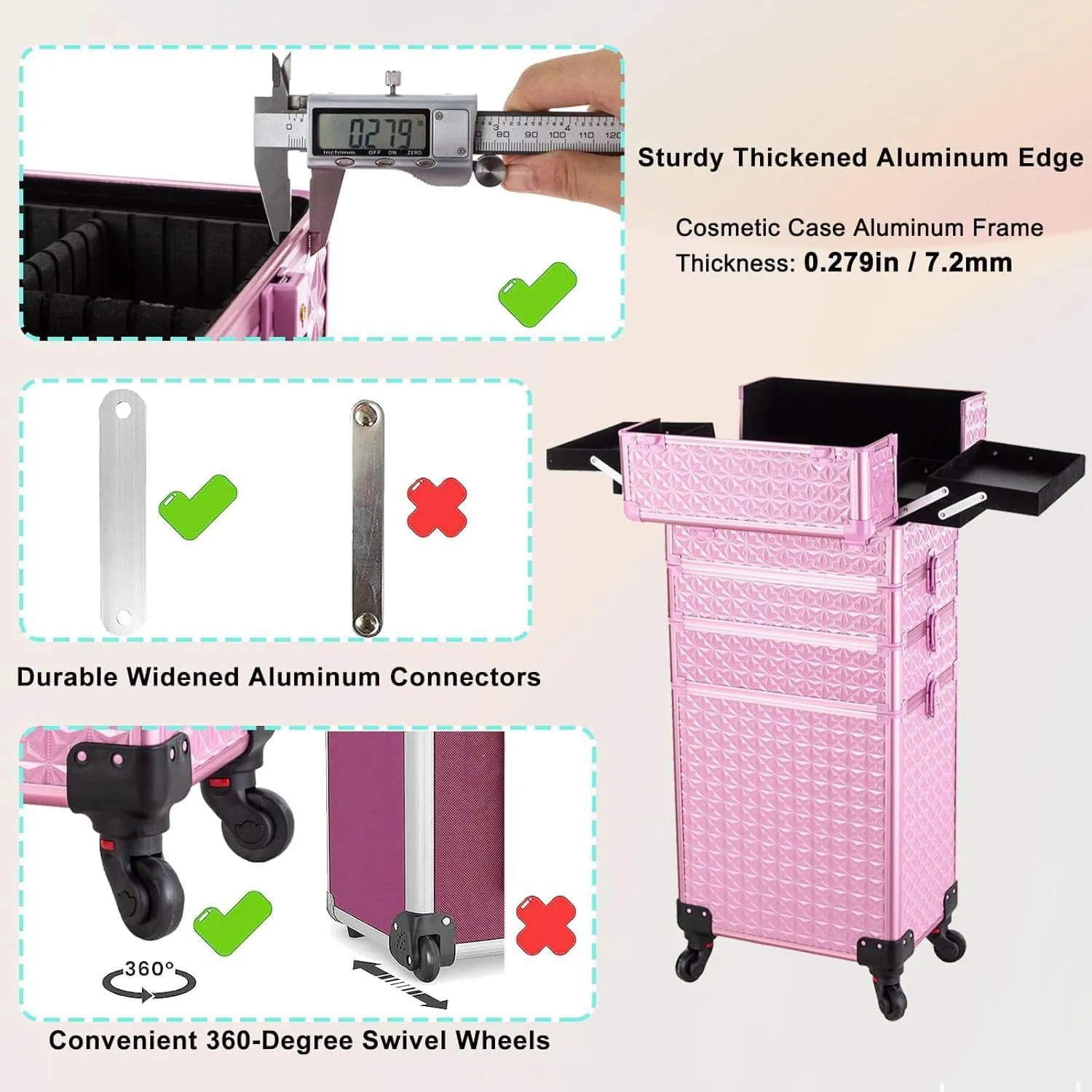 AROUS 5 in 1 Professional Makeup Train Case Aluminum Cosmetic Case Rolling Makeup Case Extra Large Trolley Makeup Travel Organizer, with 360° Swivel Wheels, All Pink