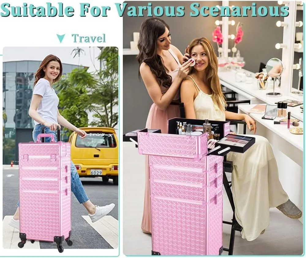 AROUS 5 in 1 Professional Makeup Train Case Aluminum Cosmetic Case Rolling Makeup Case Extra Large Trolley Makeup Travel Organizer, with 360° Swivel Wheels, All Pink