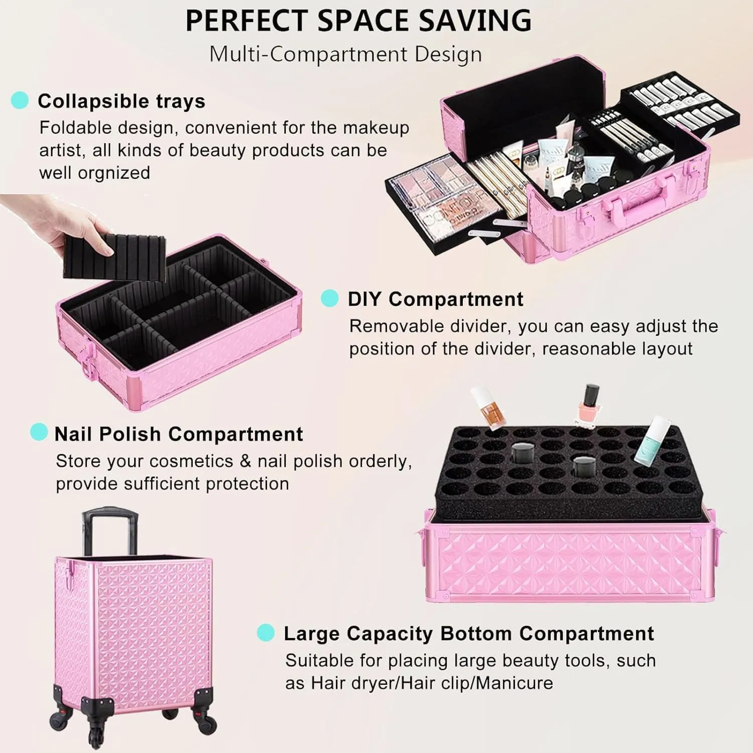 AROUS 5 in 1 Professional Makeup Train Case Aluminum Cosmetic Case Rolling Makeup Case Extra Large Trolley Makeup Travel Organizer, with 360° Swivel Wheels, All Pink