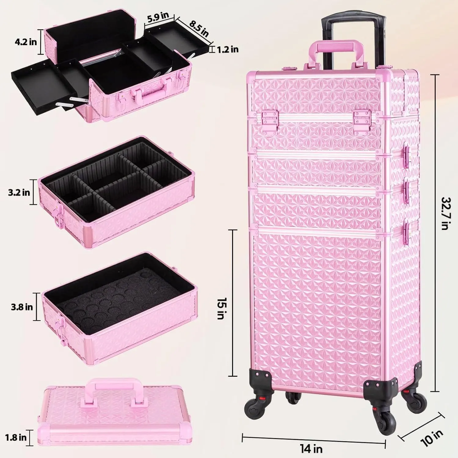 AROUS 5 in 1 Professional Makeup Train Case Aluminum Cosmetic Case Rolling Makeup Case Extra Large Trolley Makeup Travel Organizer, with 360° Swivel Wheels, All Pink