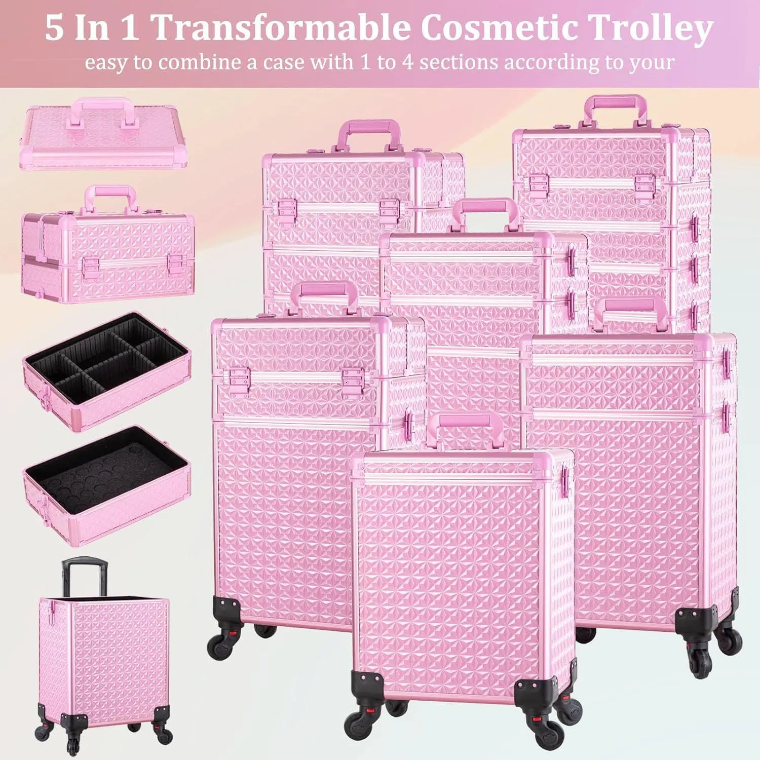 AROUS 5 in 1 Professional Makeup Train Case Aluminum Cosmetic Case Rolling Makeup Case Extra Large Trolley Makeup Travel Organizer, with 360° Swivel Wheels, All Pink