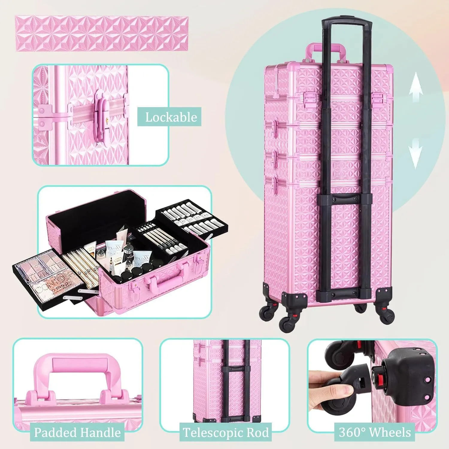 AROUS 5 in 1 Professional Makeup Train Case Aluminum Cosmetic Case Rolling Makeup Case Extra Large Trolley Makeup Travel Organizer, with 360° Swivel Wheels, All Pink
