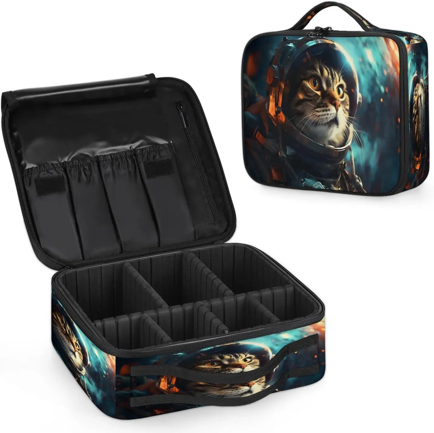 Astronaut Cat Makeup Bag for Travel, Cosmetic Bag with Dividers Toiletry Storage Kitten Portable Organizer Train Case for Cosmetics Makeup Brushes Jewelry