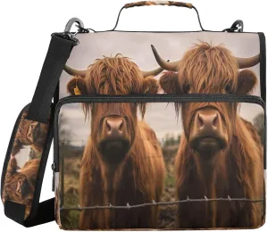 ATTX Two Scottish Highlands Cow Zipper Binder with Adjustable Padded Strap - 3 Ring 500 Sheet Capacity Binder Bag with Multi-Pocket Organizer, Fits 12 Inch Laptop#382