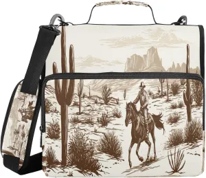 ATTX Western Desert Cowboy Zipper Binder with Adjustable Padded Strap - 3 Ring 500 Sheet Capacity Binder Bag with Multi-Pocket Organizer, Fits 12 Inch Laptop#208