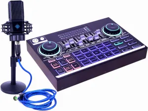 Audio Interface with DJ Mixer and Live Sound Card Portable ALL-IN-ONE Podcast Equipment Bundle Kit, Professional XLR Microphone