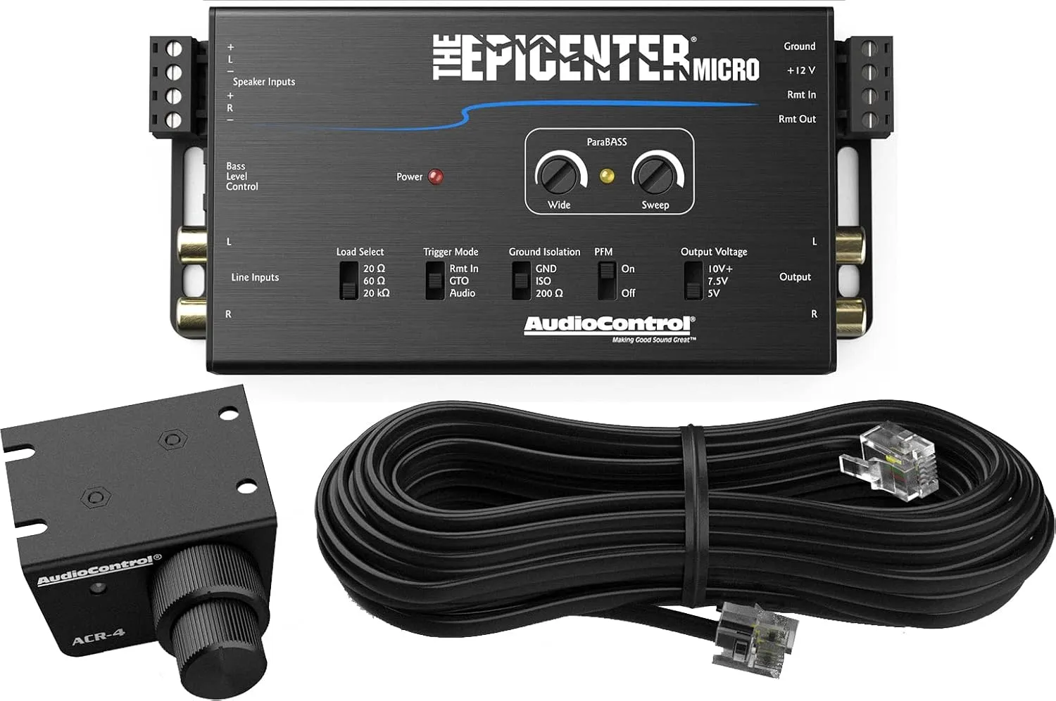 AudioControl EPICENTER Bass Bundle - EPICENTER Micro Bass Restoration Processor   EPIC1000 Monoblock 1000W Car Audio Subwoofer Amplifier   Stinger 2-Channel 3 FT 6000 Series RCA Interconnect Cable